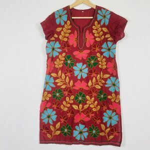 Central‎ America Maroon Floral Embroidered Short Sleeve Dress Womens 36 Small 6